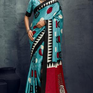 Luxuriant Firozi Ajrakh Printed Satin Silk Saree With Dalliance Blouse Piece