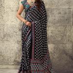 Refreshing Black Ajrakh Printed Satin Silk Saree With Serendipity Blouse Piece