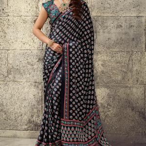 Refreshing Black Ajrakh Printed Satin Silk Saree With Serendipity Blouse Piece