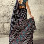 Refreshing Black Ajrakh Printed Satin Silk Saree With Serendipity Blouse Piece