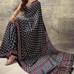 Refreshing Black Ajrakh Printed Satin Silk Saree With Serendipity Blouse Piece