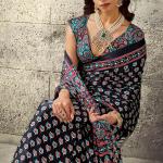 Refreshing Black Ajrakh Printed Satin Silk Saree With Serendipity Blouse Piece