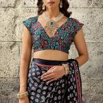 Refreshing Black Ajrakh Printed Satin Silk Saree With Serendipity Blouse Piece