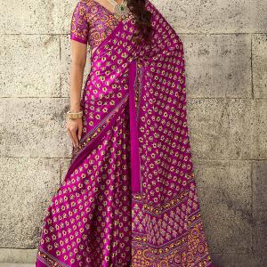 Luminous Dark Pink Ajrakh Printed Satin Silk Saree With Flameboyant Blouse Piece