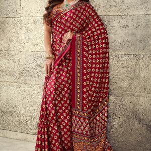 Mellifluous Maroon Ajrakh Printed Satin Silk Saree With Sumptuous Blouse Piece