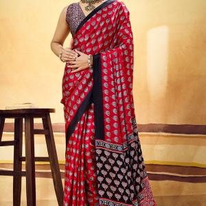 Murmurous Red Ajrakh Printed Satin Silk Saree With Sempiternal Blouse Piece