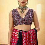 Murmurous Red Ajrakh Printed Satin Silk Saree With Sempiternal Blouse Piece