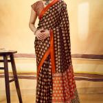 Majesty Brown Ajrakh Printed Satin Silk Saree With Extraordinary Blouse Piece