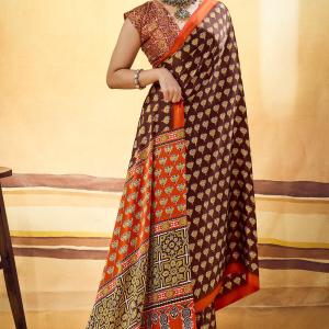 Majesty Brown Ajrakh Printed Satin Silk Saree With Extraordinary Blouse Piece