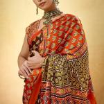 Majesty Brown Ajrakh Printed Satin Silk Saree With Extraordinary Blouse Piece
