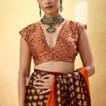 Majesty Brown Ajrakh Printed Satin Silk Saree With Extraordinary Blouse Piece