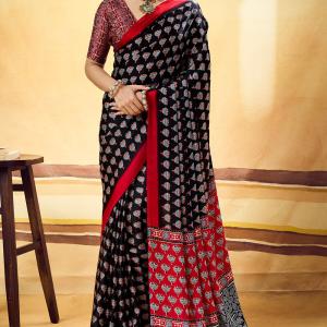Phenomenal Black Ajrakh Printed Satin Silk Saree With Eloquence Blouse Piece