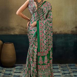 Imbrication Dark Green Ajrakh Printed Satin Silk Saree With Flameboyant Blouse Piece