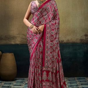 Mellifluous Dark Pink Ajrakh Printed Satin Silk Saree With Serendipity Blouse Piece