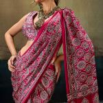 Mellifluous Dark Pink Ajrakh Printed Satin Silk Saree With Serendipity Blouse Piece
