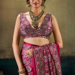 Mellifluous Dark Pink Ajrakh Printed Satin Silk Saree With Serendipity Blouse Piece