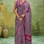Fairytale Wine Ajrakh Printed Satin Silk Saree With Propinquity Blouse Piece