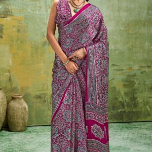 Fairytale Wine Ajrakh Printed Satin Silk Saree With Propinquity Blouse Piece
