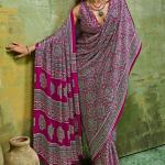 Fairytale Wine Ajrakh Printed Satin Silk Saree With Propinquity Blouse Piece