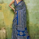 Super classy Blue Ajrakh Printed Satin Silk Saree With Smart Blouse Piece