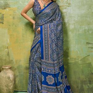 Super classy Blue Ajrakh Printed Satin Silk Saree With Smart Blouse Piece