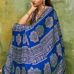 Super classy Blue Ajrakh Printed Satin Silk Saree With Smart Blouse Piece