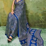 Super classy Blue Ajrakh Printed Satin Silk Saree With Smart Blouse Piece