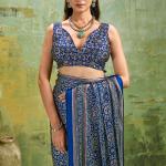 Super classy Blue Ajrakh Printed Satin Silk Saree With Smart Blouse Piece