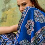 Super classy Blue Ajrakh Printed Satin Silk Saree With Smart Blouse Piece