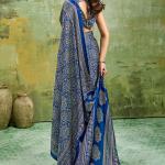 Super classy Blue Ajrakh Printed Satin Silk Saree With Smart Blouse Piece