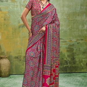 Impressive Dark Pink Ajrakh Printed Satin Silk Saree With Breathtaking Blouse Piece