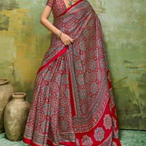 Staggering Red Ajrakh Printed Satin Silk Saree With Splendorous Blouse Piece