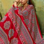 Staggering Red Ajrakh Printed Satin Silk Saree With Splendorous Blouse Piece