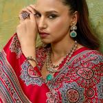 Staggering Red Ajrakh Printed Satin Silk Saree With Splendorous Blouse Piece