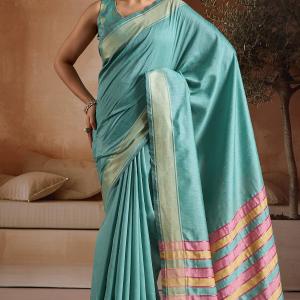 Proficient Firozi Soft Banarasi Bhagalpuri Silk Saree With Woebegone Blouse Piece
