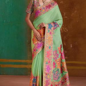 Resonant Pista Pashmina Saree With Classic Blouse Piece