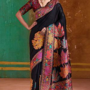Stunner Black Pashmina Saree With Confounding Blouse Piece
