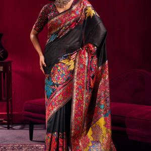 Refreshing Black Pashmina saree With Beleaguer Blouse Piece