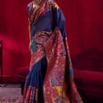 Prettiest Navy Blue Pashmina saree With Glittering Blouse Piece