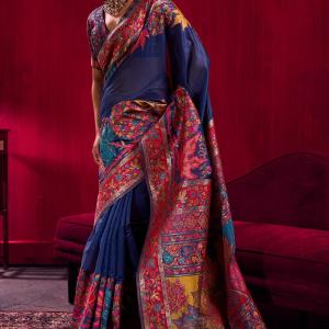 Prettiest Navy Blue Pashmina saree With Glittering Blouse Piece