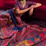 Prettiest Navy Blue Pashmina saree With Glittering Blouse Piece