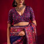 Prettiest Navy Blue Pashmina saree With Glittering Blouse Piece