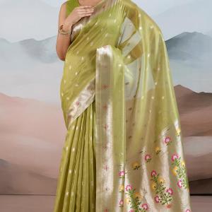 Fairytale Green Paithani Pure Tissue Silk Saree With Blissful Blouse Piece