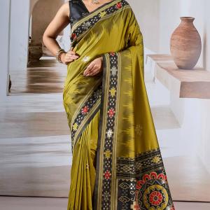 Panoply Mustard Patola Silk Saree with Elegant Blouse Piece