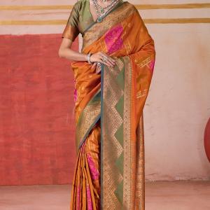 Ideal Orange Pure Zari Weaving Banarasi Silk Saree With Ravishing Blouse Piece
