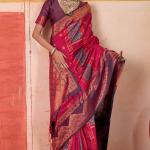 Sonorous Dark Pink Pure Zari Weaving Banarasi Silk Saree With Ephemeral Blouse Piece