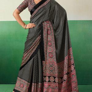 Transcendent Black Ajrakh Printed Semi Modal Silk Saree With Evocative Blouse Piece