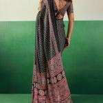 Transcendent Black Ajrakh Printed Semi Modal Silk Saree With Evocative Blouse Piece