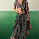 Transcendent Black Ajrakh Printed Semi Modal Silk Saree With Evocative Blouse Piece