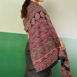 Transcendent Black Ajrakh Printed Semi Modal Silk Saree With Evocative Blouse Piece